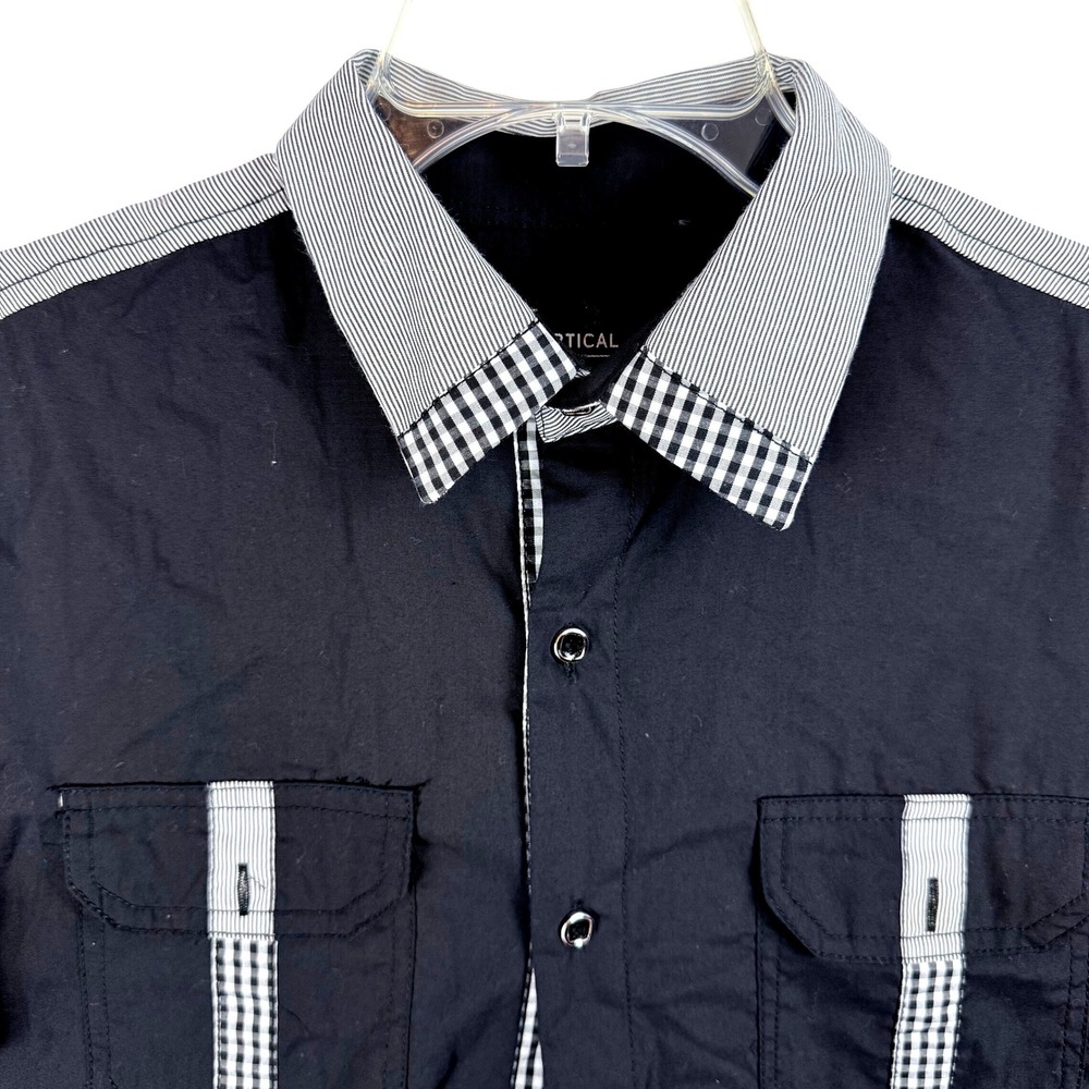 VERTICAL SPORT‎ Mens Black Short Sleeve Button Up Shirt Size L Gingham Trim